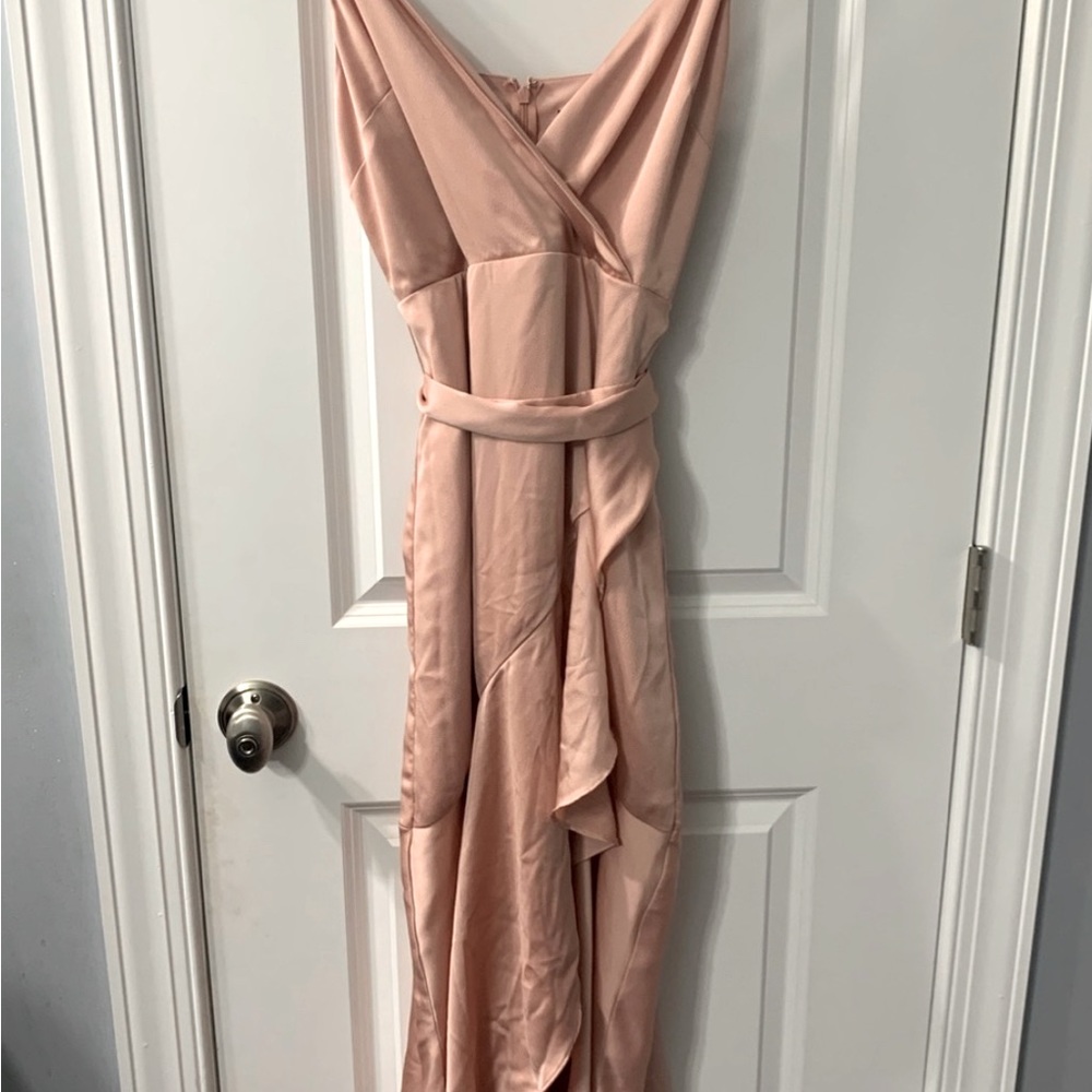Satin Ruffle Wrap Hi-Lo Maxi Dress